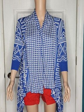 ONE WORLD Blue and White Geometric Open-Front Tunic Cardigan NWT